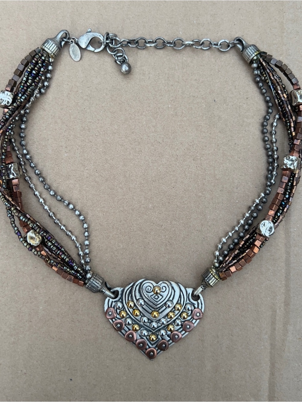 VTG Chico's Multistrand Heart Necklace - Bronze, Silver, Gold Accents